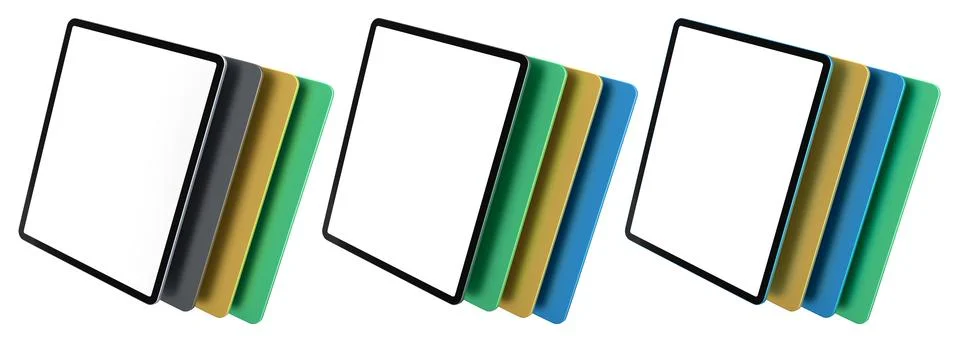 Multiple black-framed digital tablets stacked with colorful sheets, isolate.. Illustrazione stock