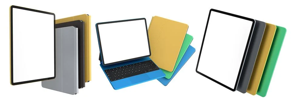 Multiple black-framed digital tablets stacked with colorful sheets, isolated  Stock Illustration