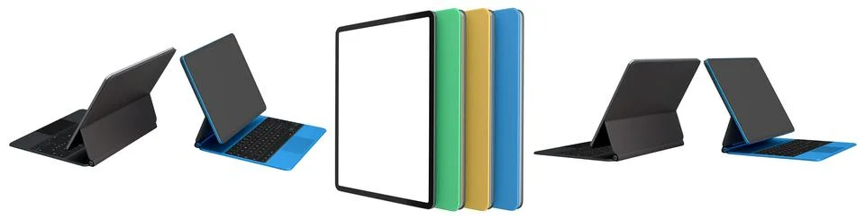 Multiple black-framed digital tablets stacked with colorful sheets, isolated  Stock Photos