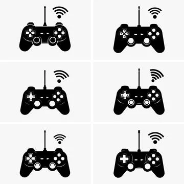 Multiple black gamepad icons are displayed, each one showing a wireless signa Stock Illustration