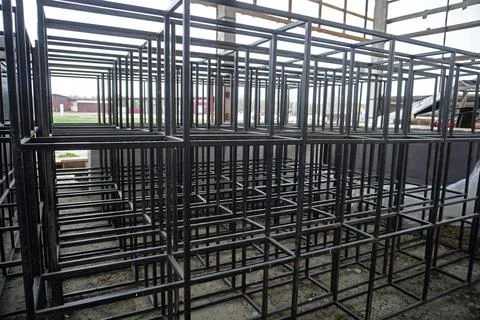 Multiple black metal cage frames arranged in rows. Фото