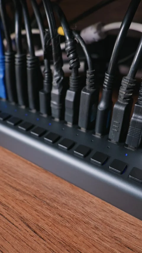 Multiple black USB cables plugged into a large hub on a wooden desk. Stock Footage 331135659