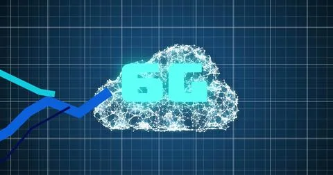 Multiple blue graphs moving 6g text over cloud of network of connections against Stock Illustration