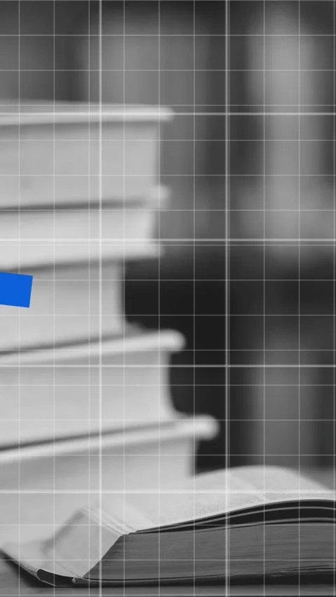 Multiple blue graphs moving over grid network against stack of books Stock Footage 342004025