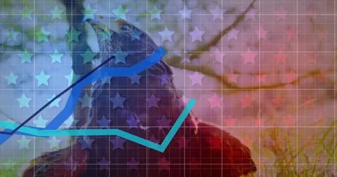 Multiple blue graphs moving over grid network and multiple stars against close Illustrazione stock