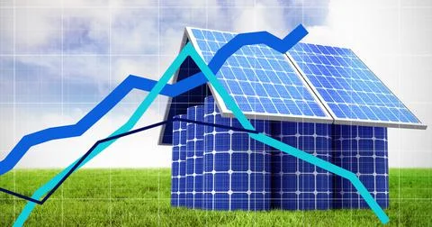 Multiple blue graphs moving over grid network against house made of solar panel Illustrazione stock