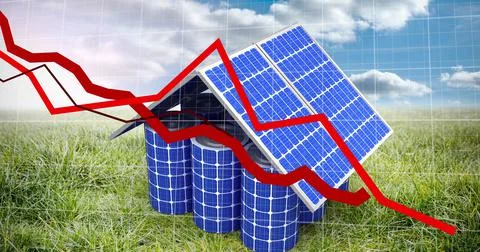 Multiple blue graphs moving over grid network against house made of solar panel Stock Illustration