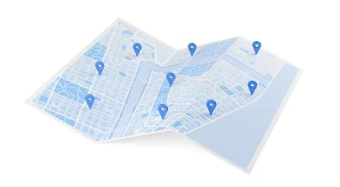 Multiple blue location markers or pins on folded paper city map over white .. Ilustração Stock