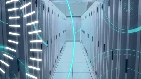 Multiple blue neon round scanners against empty server room Stock Footage 330402156