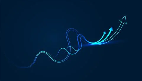 Multiple blue paths rise and fall before trending upward, representing the .. Stockillustratie