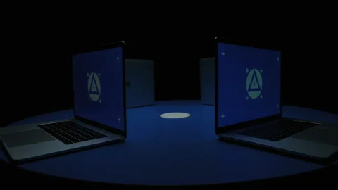 Multiple blue screen laptops with markers circling fast nonstop Stock Footage 220533472