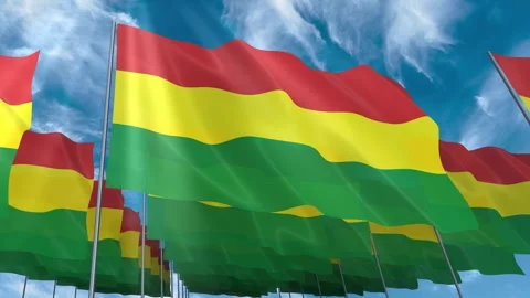 Multiple Bolivia flags seamless looping waving on blue sky Stock Footage 343676854
