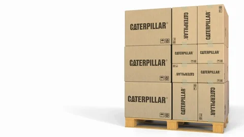 Multiple boxes with Caterpillar logo. Editorial 3D animation Stock Footage 97442807
