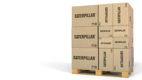 Multiple boxes with Caterpillar logo. Editorial 3D rendering 스톡 일러스트