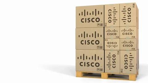 Multiple boxes with Cisco logo. Editorial 3D animation Stock Footage 97443666