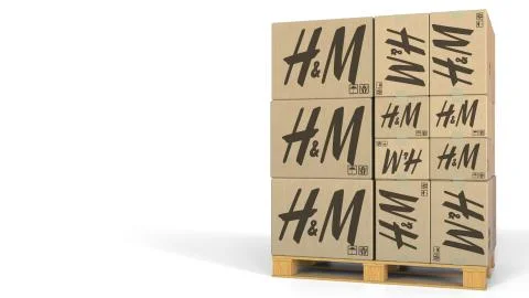 Multiple boxes with H&amp;M logo. Editorial 3D rendering 스톡 일러스트