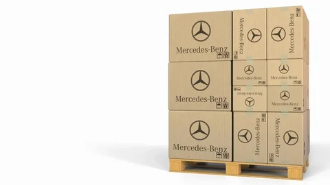 Multiple boxes with Mercedez-Benz logo. Editorial 3D animation Stock Footage 97461023