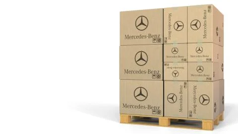 Multiple boxes with Mercedez-Benz logo. Editorial 3D rendering イラスト素材