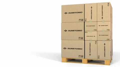 Multiple boxes with Sumitomo logo. Editorial 3D animation Stock Footage 97450087