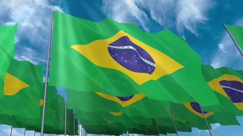 Multiple Brazil flags seamless looping waving on blue sky Stock Footage 343677242