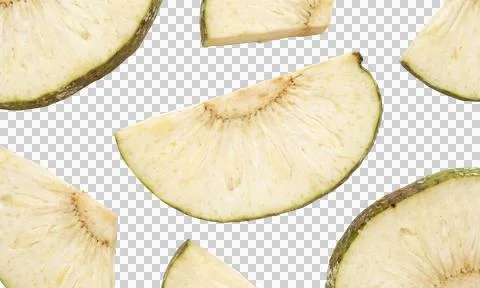 Multiple breadfruit wedges scattered over transparent grid background Stock Photos