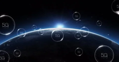 Multiple bubbles with 5g text floating and bursting against blue spot of light Illustrazione stock