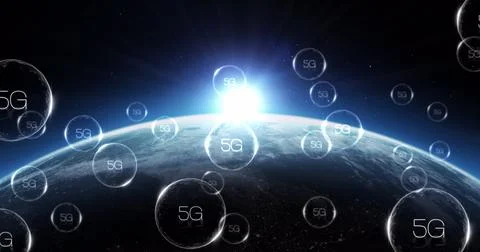 Multiple bubbles with 5g text floating and bursting against blue spot of light Stock Illustration