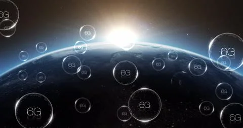 Multiple bubbles with 6g text floating and bursting against blue spot of light 스톡 일러스트