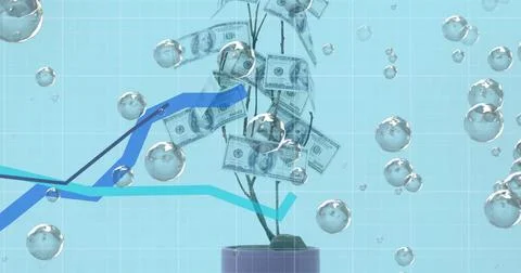 Multiple bubbles floating against graphs moving over tree of american dollars Ilustração Stock