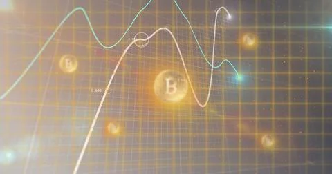 Multiple bubbles floating and graphs moving over grid network against bitcoin Stock Illustration