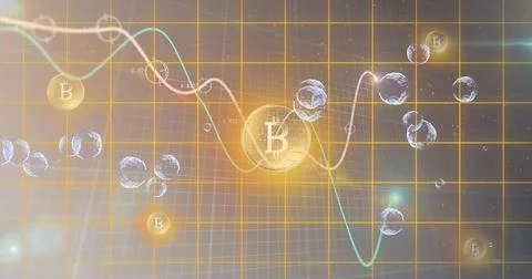 Multiple bubbles floating and graphs moving over grid network against bitcoin Stock Illustration