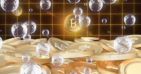 Multiple bubbles floating over grid network against bitcoins in space Stock Illustration