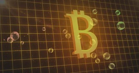 Multiple bubbles floating over grid network against bitcoin symbol in space Stock Illustration