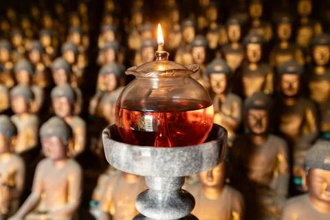 Multiple Buddha statues in Seokbulsa Mountain temple in Busan, South Korea Stock Photos