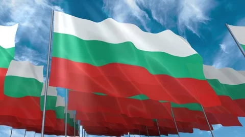 Multiple Bulgaria flags seamless looping waving on blue sky Stock Footage 343677336