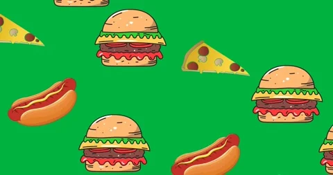 Multiple burger, pizza and hot dog icons moving in seamless pattern on black Stock Footage 318769456