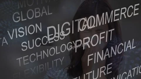 Multiple business concept texts and covid-19 cells floating against sick woman Stock Footage 327004848