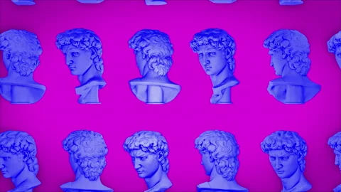 Multiple busts of a greek philosopher are rotating in the surreal art background Video stock 210232938