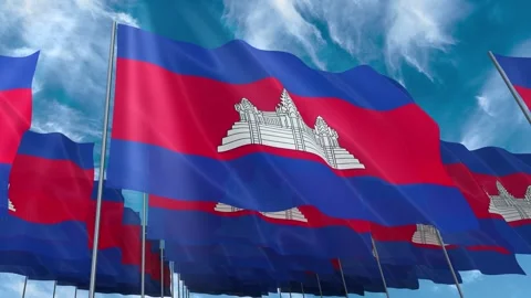 Multiple Cambodia flags seamless looping waving on blue sky Stock Footage 343677556