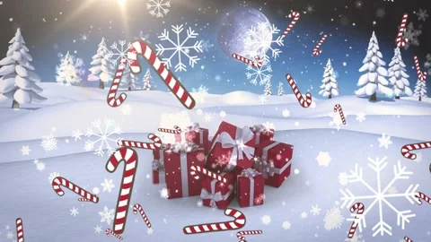 Multiple candy cane icons and snowflakes falling against christmas gifts on Stock Footage 162931556