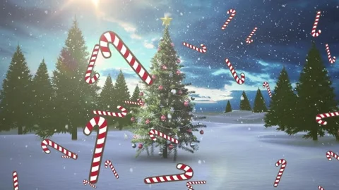 Multiple candy cane icons and snow falling over christmas tree on winter Stock Footage 162931557