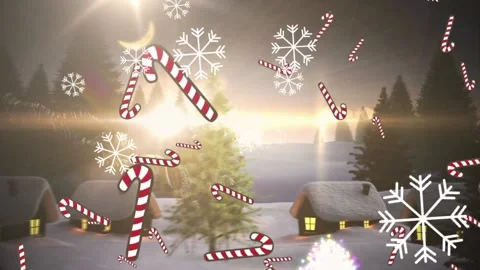 Multiple candy cane icons and snowflakes falling against christmas tree on Stock Footage 162931865