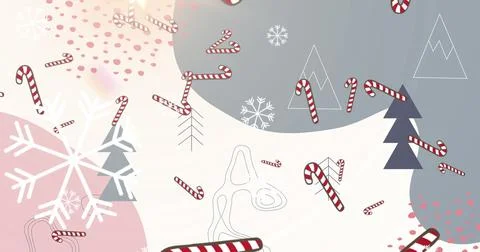Multiple candy cane icons and snowflakes falling against abstract shapes on grey Stock Illustration