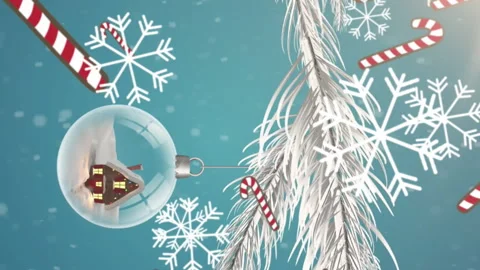 Multiple candy cane icons falling against christmas decorations hanging on a Stock Footage 312548010