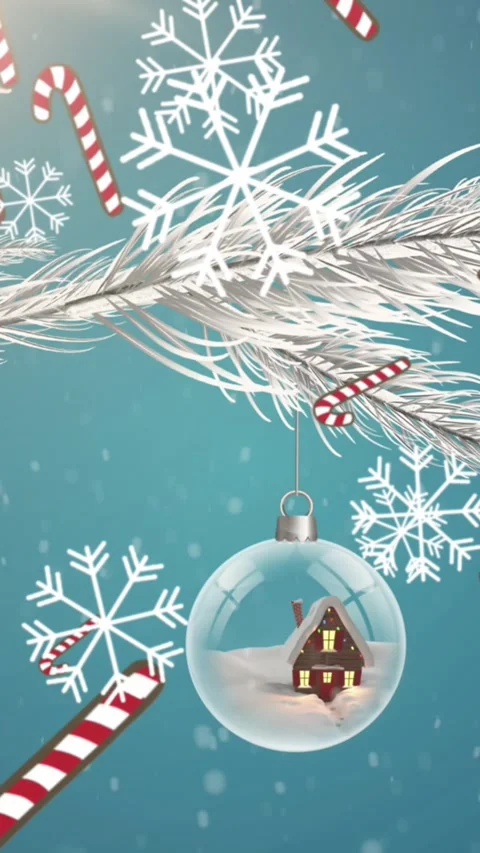 Multiple candy cane icons falling against christmas decorations hanging on a Stock Footage 321991359