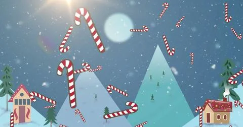 Multiple candy cane icons falling against christmas text and processing on Illustrazione stock