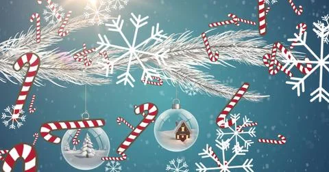 Multiple candy cane icons falling against christmas decorations hanging on a 库存插图