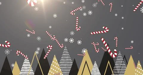 Multiple candy cane icons falling over multiple christmas tree icons on grey Stock Illustration