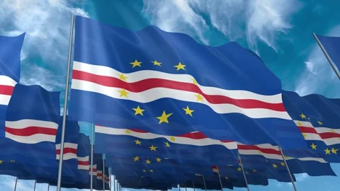 Multiple Cape Verde flags seamless looping waving on blue sky Stock Footage 343677807