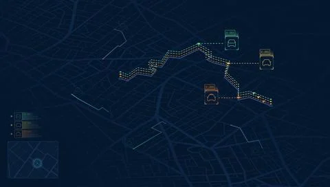 Multiple Car Locations and Real Time Fleet Monitoring Data Illustrazione stock